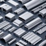 aluminum profiles set in piles on a large dark gray mat along with other samples of aluminum materials