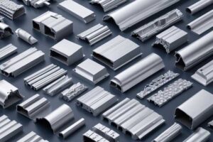 aluminum profiles set in piles on a large dark gray mat along with other samples of aluminum materials