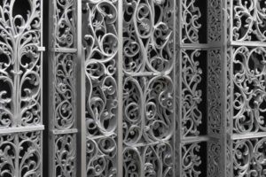 creative design with aluminum extrusion for decorative decor and construction - closeup of gates made with intricate metal designs