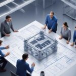 designing dreams- group of designers standing around a table with blueprints