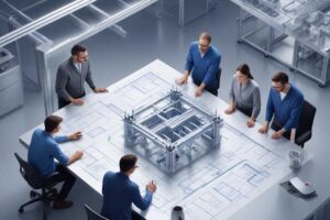 designing dreams- group of designers standing around a table with blueprints