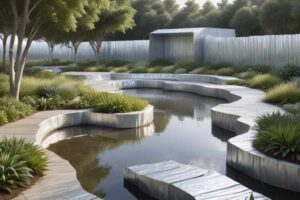 sustainable eco-friendly aluminum extrusion used for a variety of industries - image depicting aluminum used for hardscaping in a beautiful landscaped location