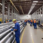 legacy of excellence - warehouse depicting a large volume of extruded aluminum with technicians wearing hardhats